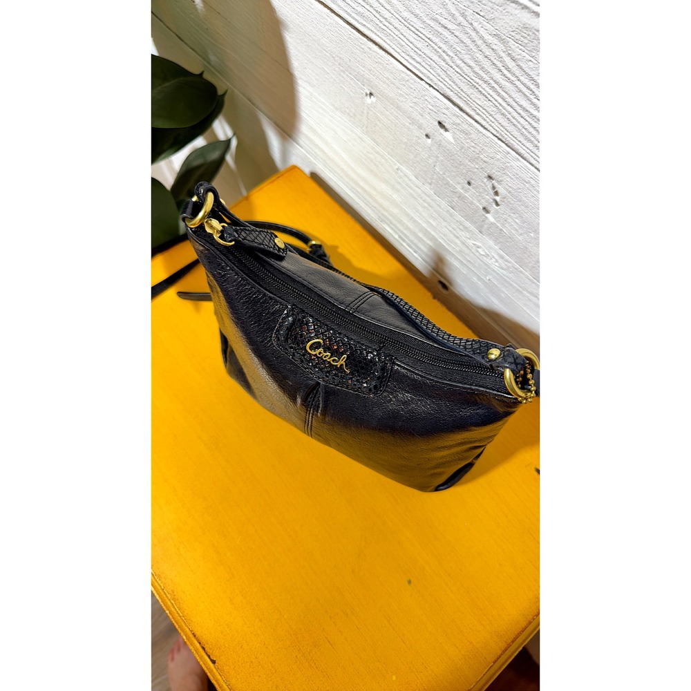 Coach Black Pebbled Leather Crossbody Bag Gold Hardware Snakeskin Trim Small - Picture 3 of 7